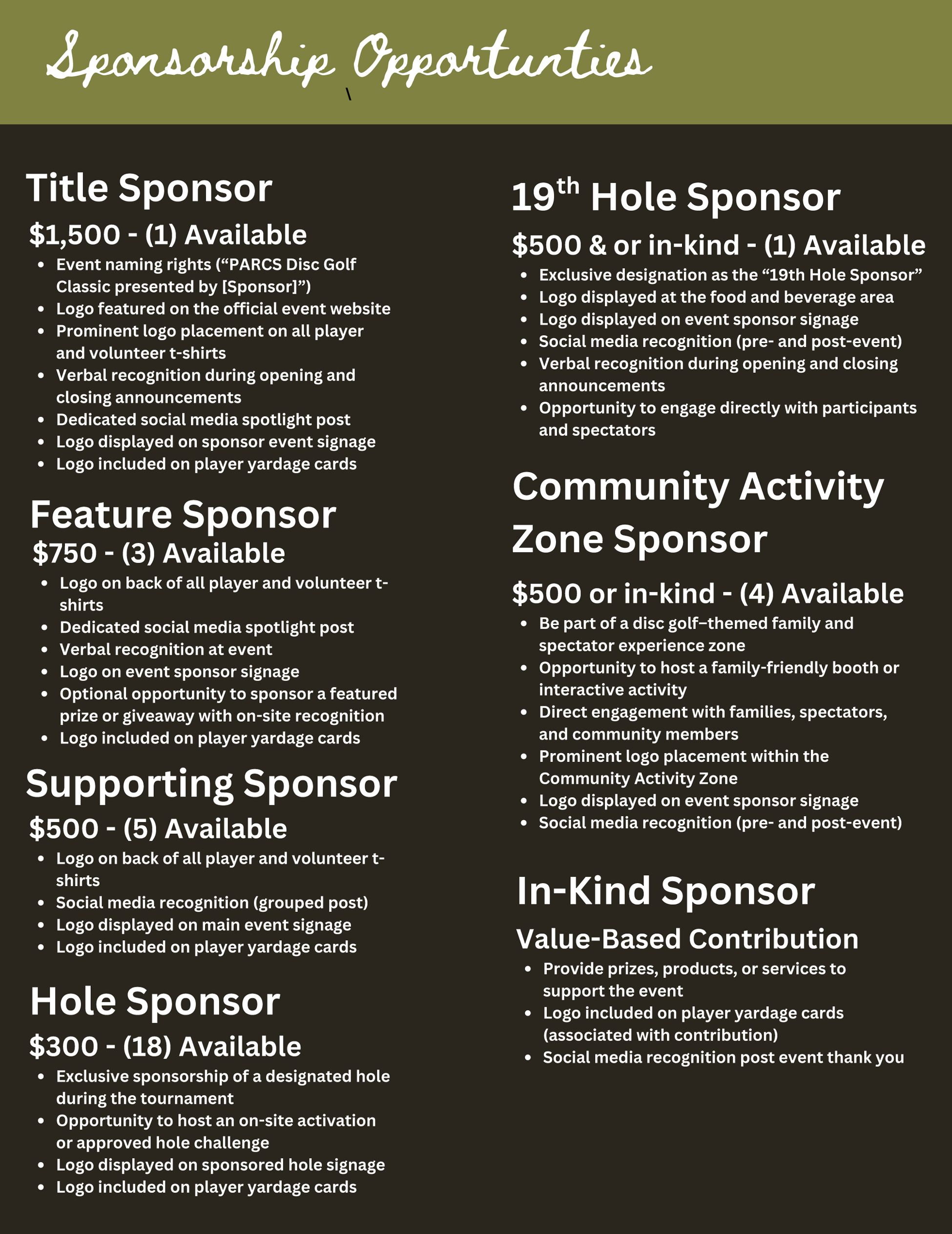 PARCS Disc Golf Classic Sponsorship Packages